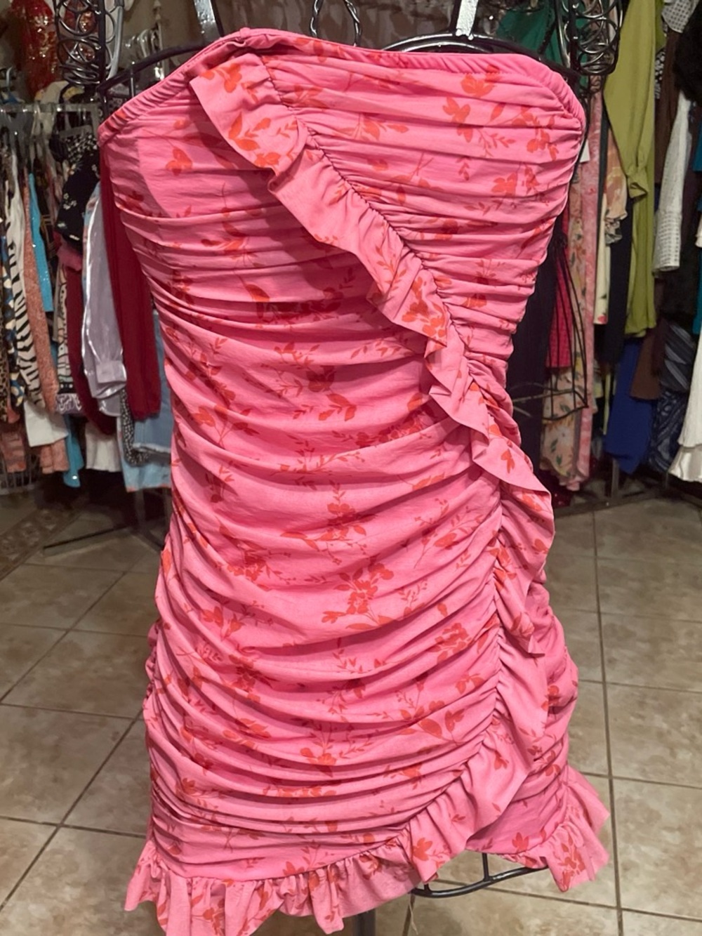 wild fable Strapless Pink Floral Ruffle Dress